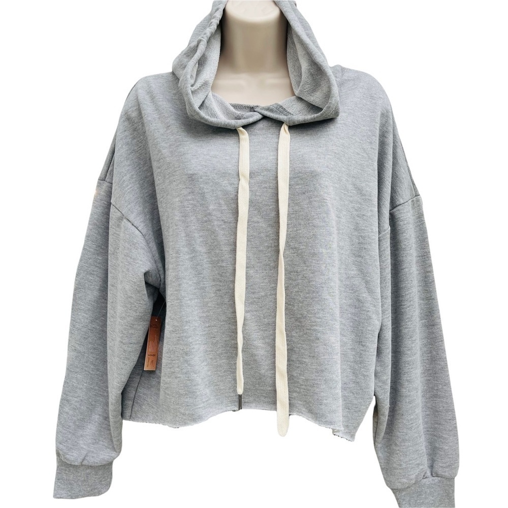Cutoff rawhem undone hooded crop sweatshirt grey gray